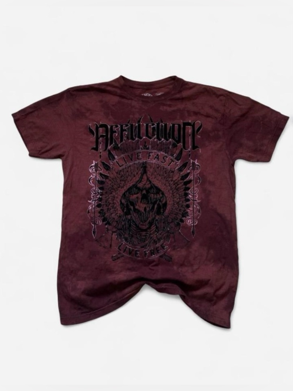 Affliction Burgundy Tie Dye Bleach Washed Reaper ‘Live Free’ T Shirt